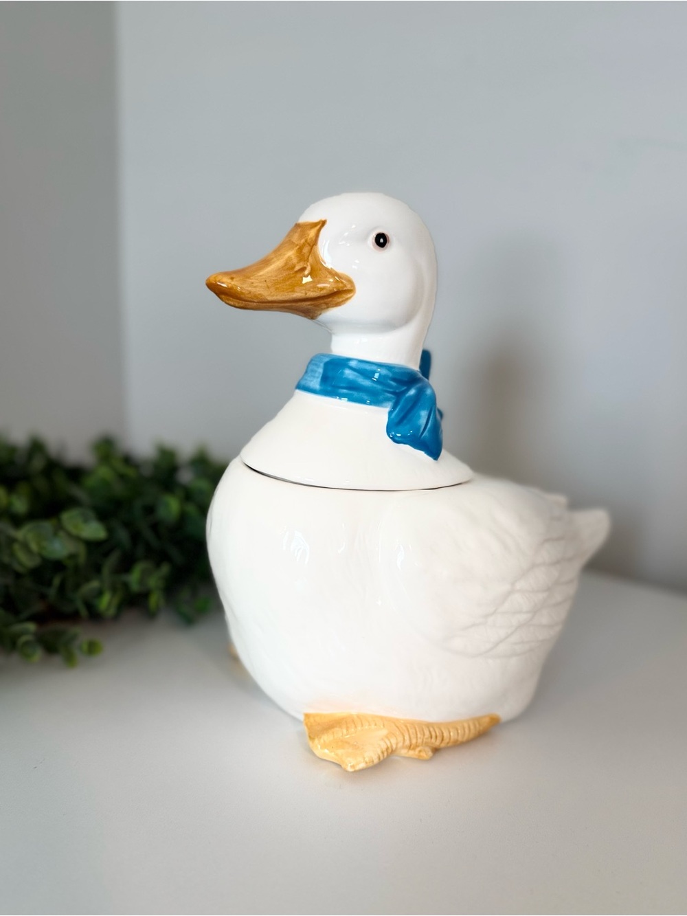 Large Vintage White Ceramic Duck Cookie Jar with Blue Bow